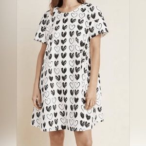 White and black doodle heart babydoll style dress